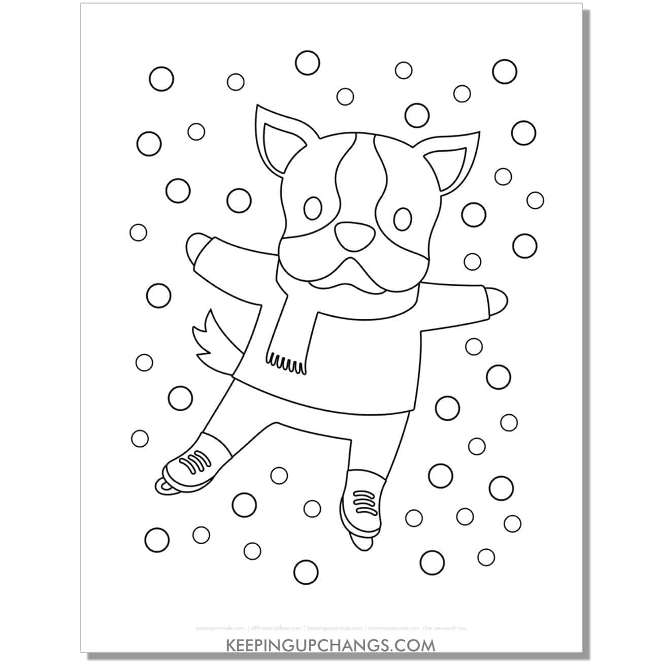 free boston terrier ice skating in scarf christmas dog coloring page.