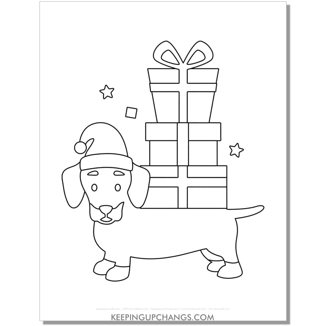 free dachshund in santa hat with tower of gifts christmas dog coloring page.