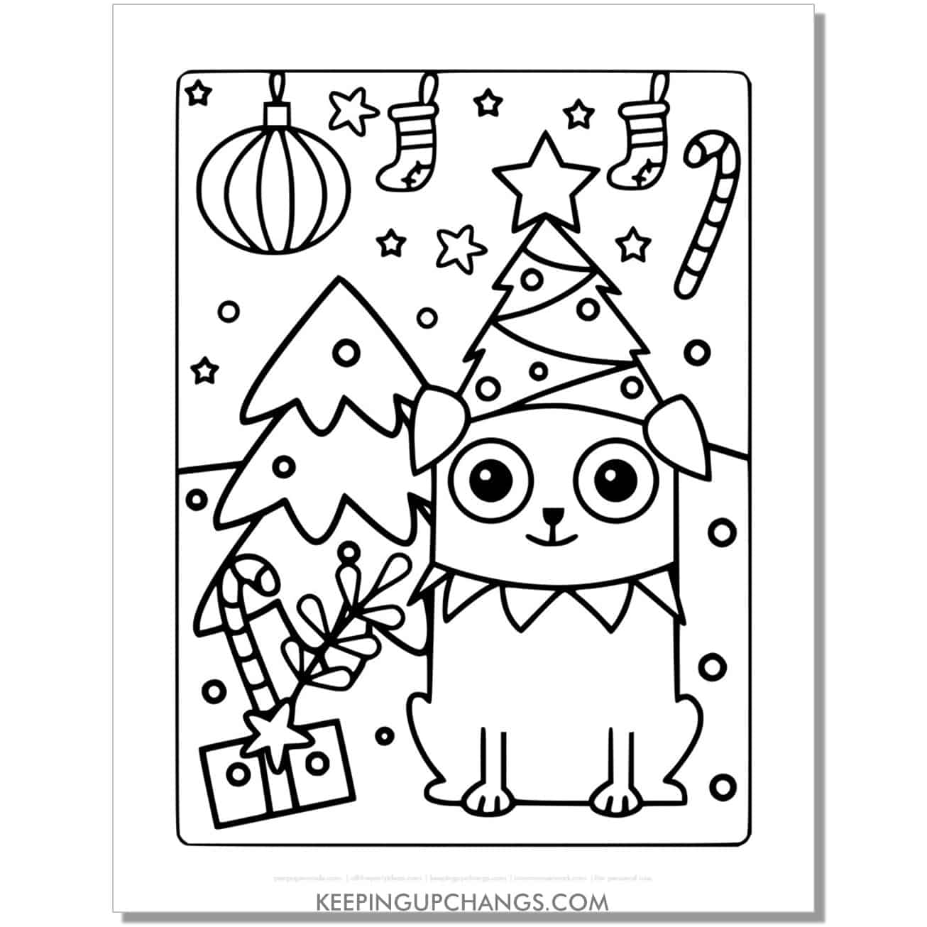 free full size christmas dog coloring page for kids with ornaments, candy canes, stockings, trees.