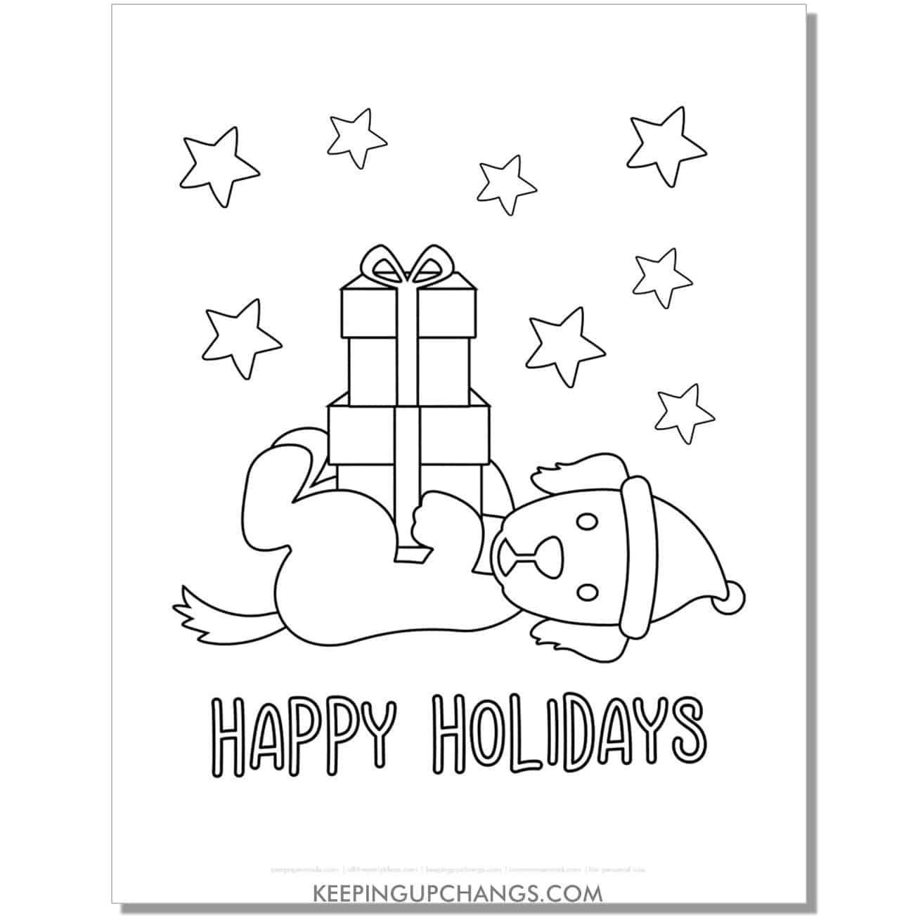 free happy holidays golden retriever with tower of gifts christmas dog coloring page.