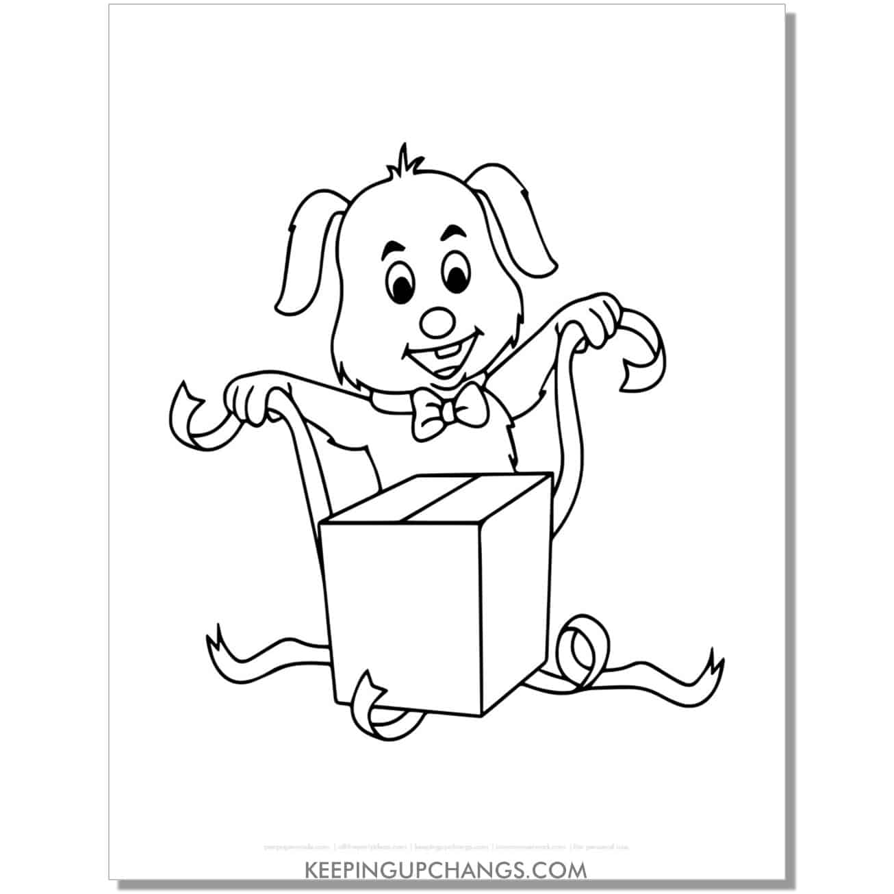 free dog opening gift present christmas dog coloring page.