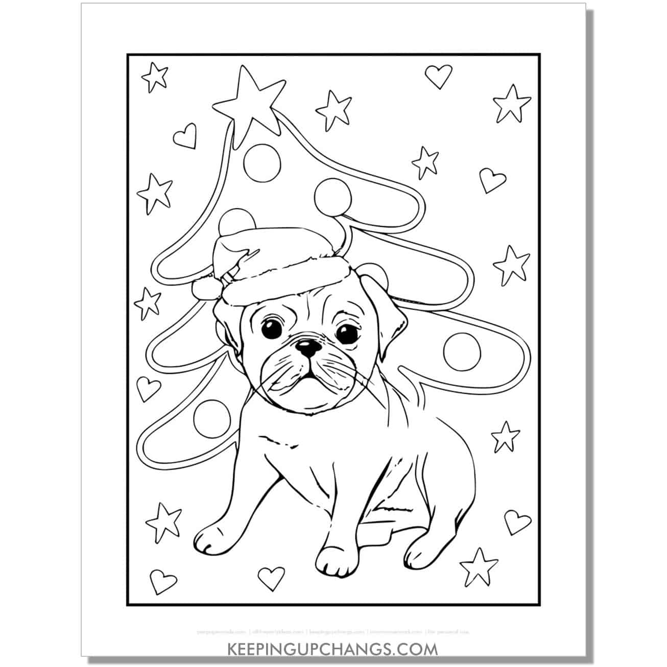 free pug in santa hat with christmas tree full size christmas dog coloring page.