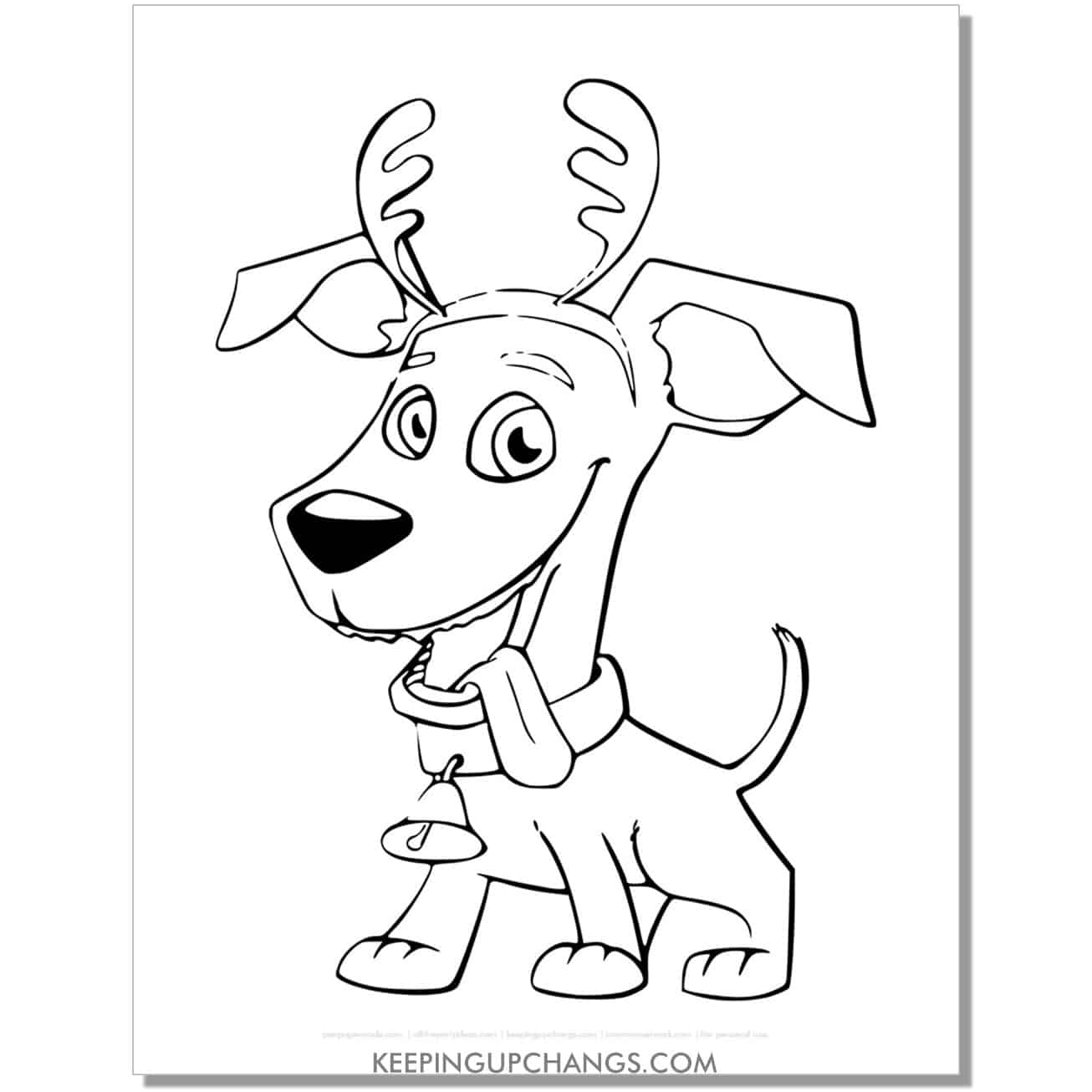 free christmas dog with reindeer antlers coloring page.