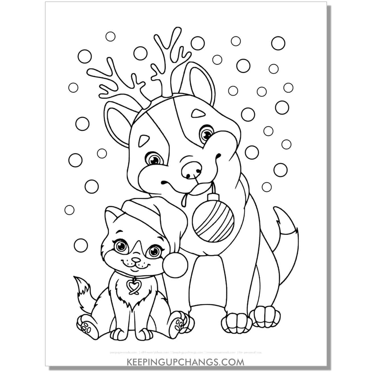 free dog in reindeer antlers and cat in santa hat cartoon christmas dog coloring page.