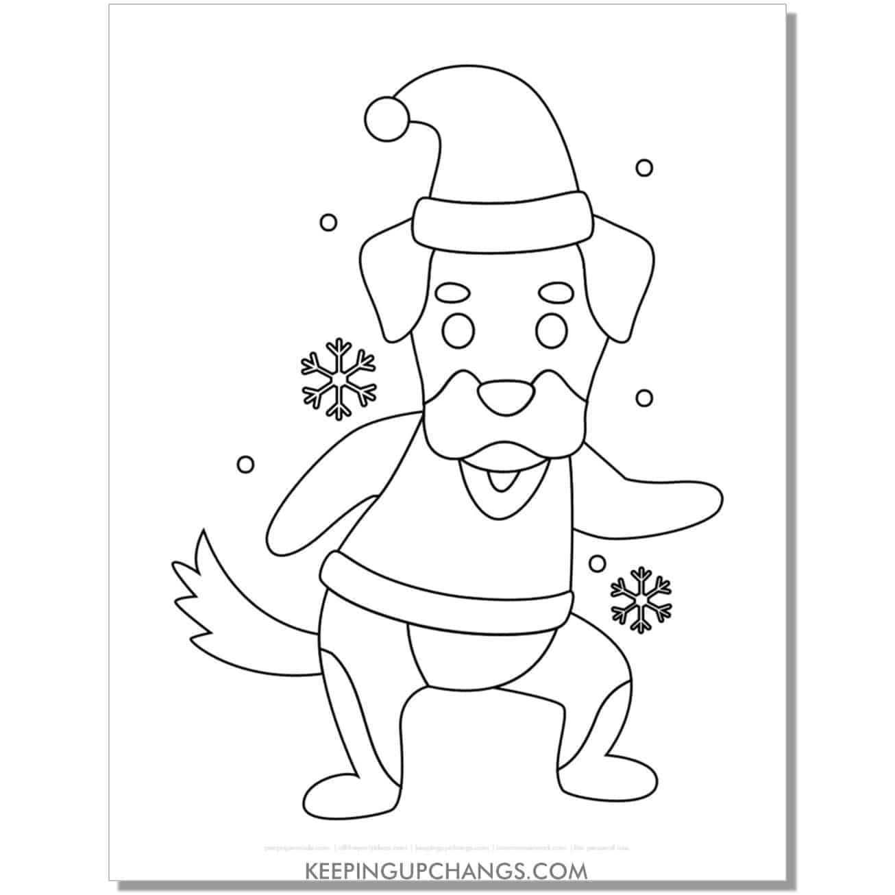 free dancing rottweiler in santa hat and sweater christmas dog coloring page.
