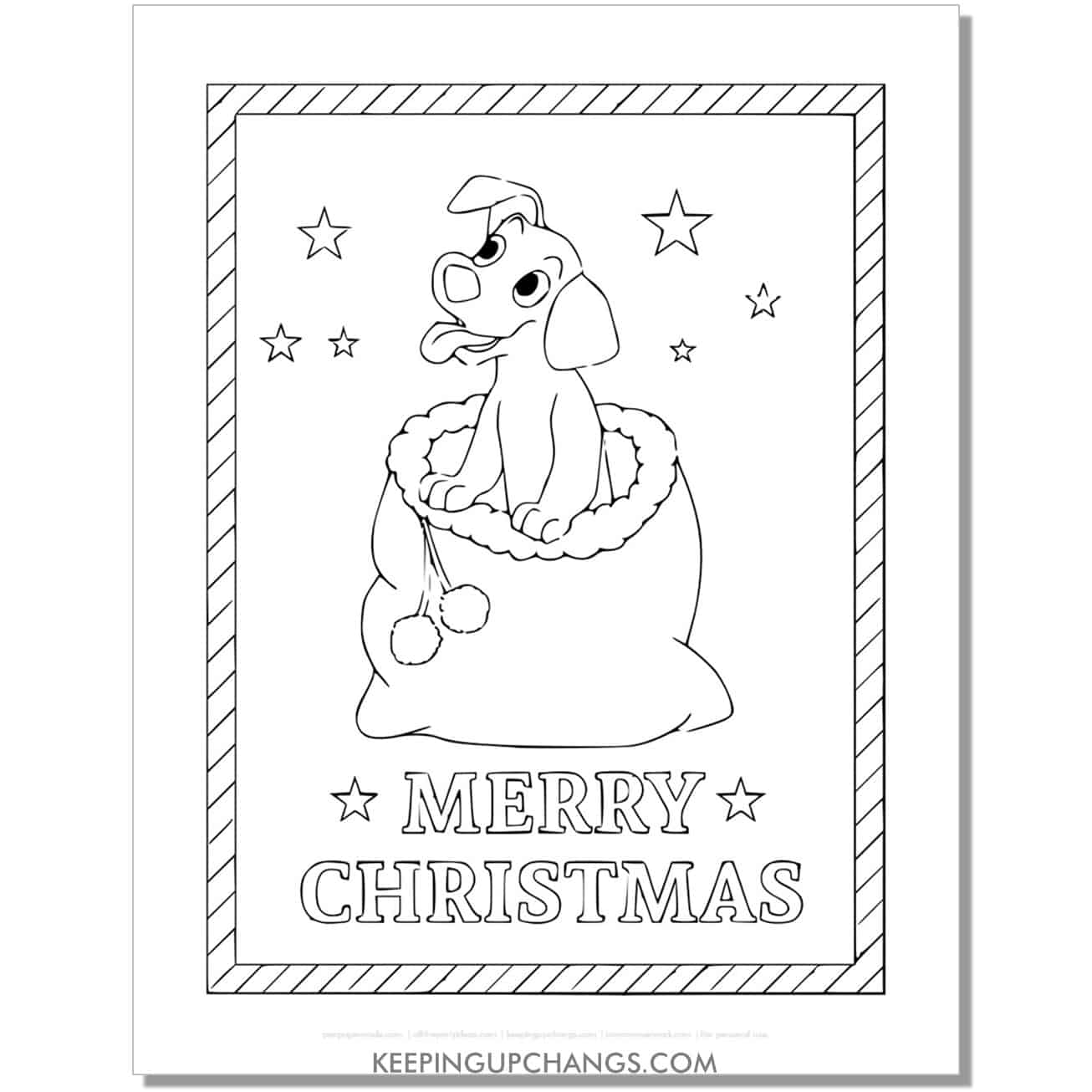 free easy dog in santa toy sack merry christmas dog coloring page.