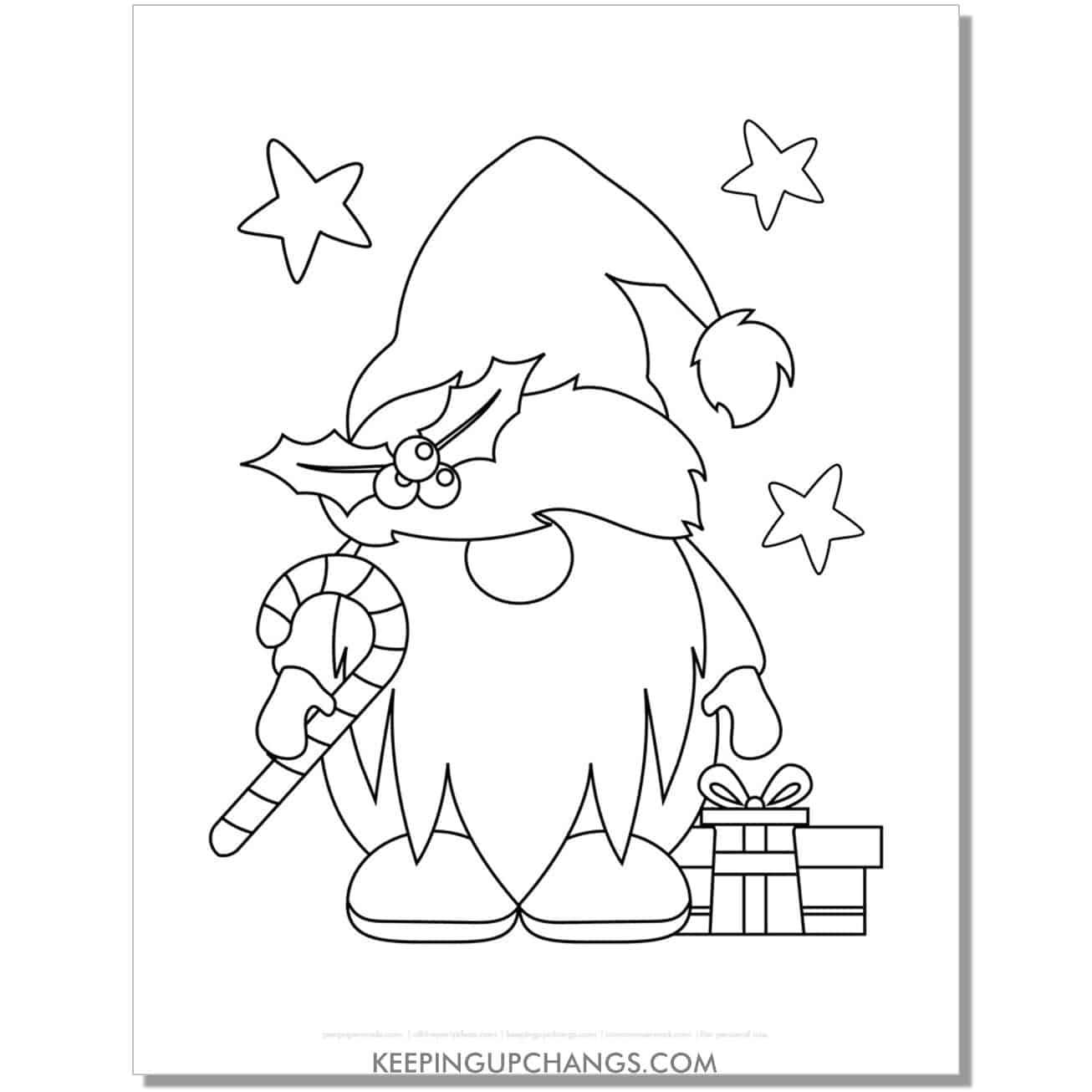 free christmas gnome with candy cane, holly, presents coloring page.