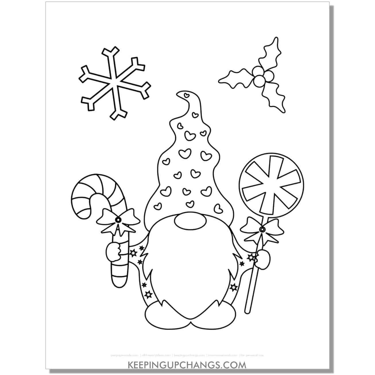 free christmas gnome with lollipop, candy cane, snowflake coloring page.