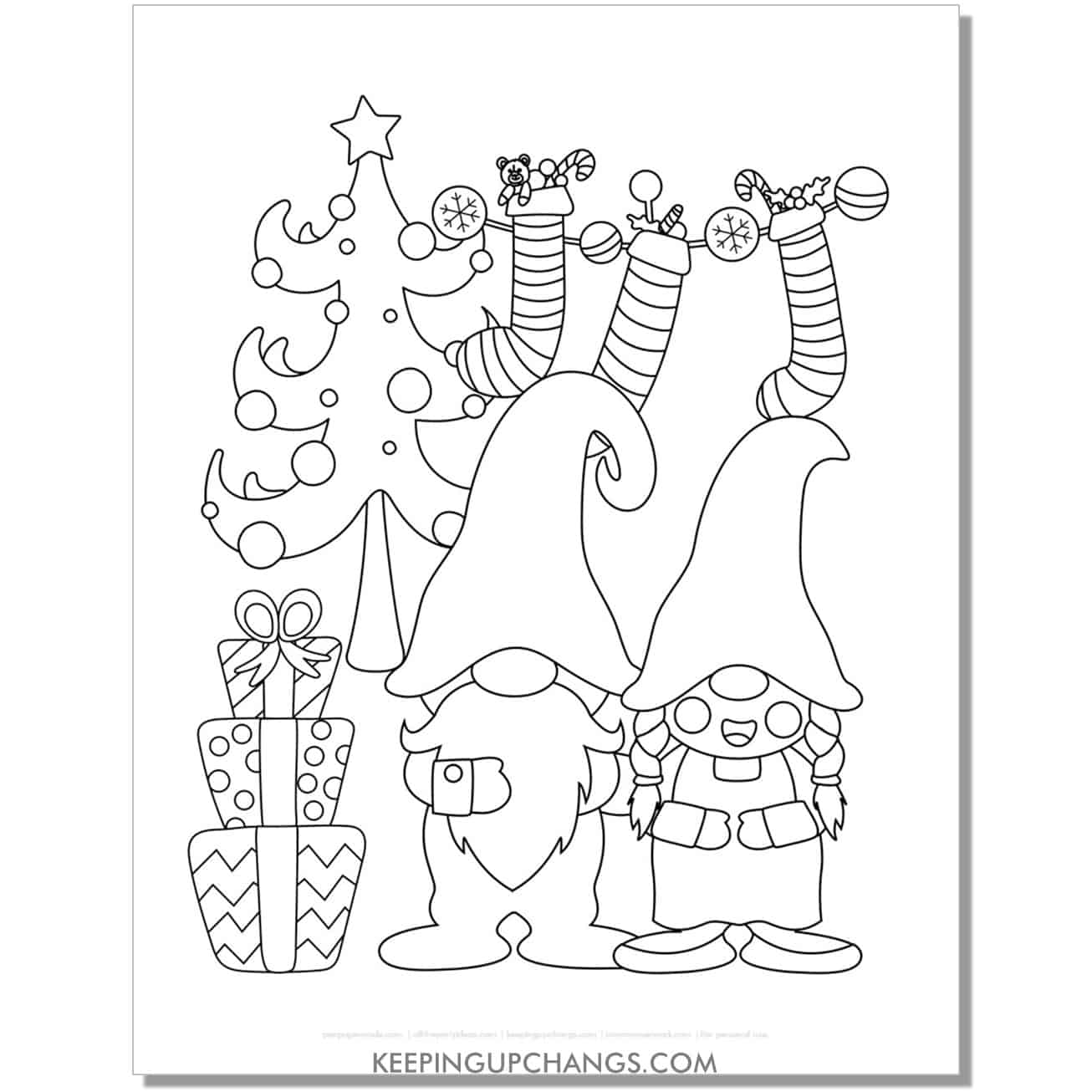 free cute christmas gnome couple with tree, stockings, presents coloring page.