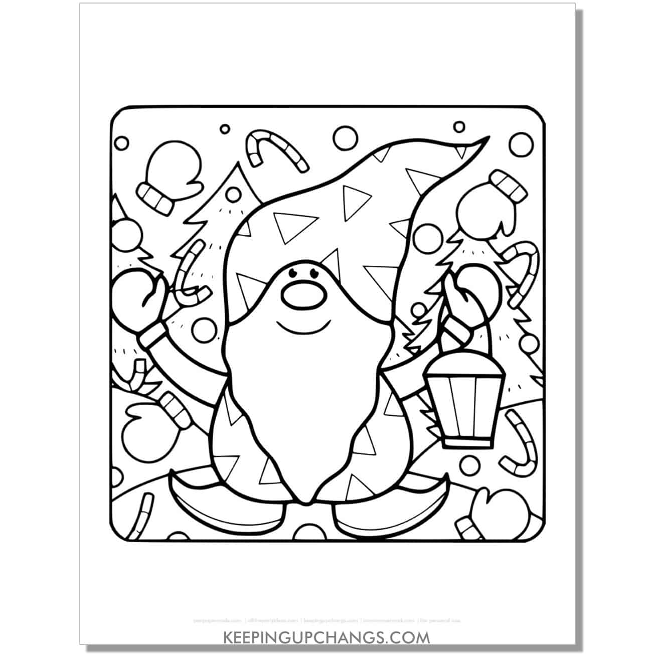 free outdoor winter christmas gnome with lantern, mittens coloring page.