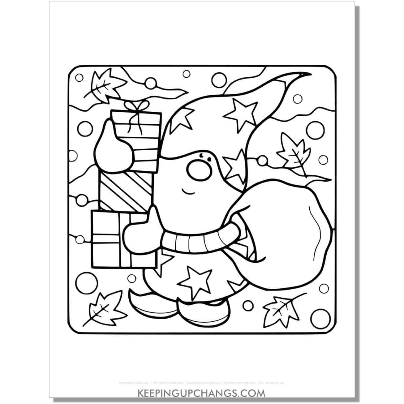 free christmas gnome with santa's sack of toys and wrapped presents coloring page.