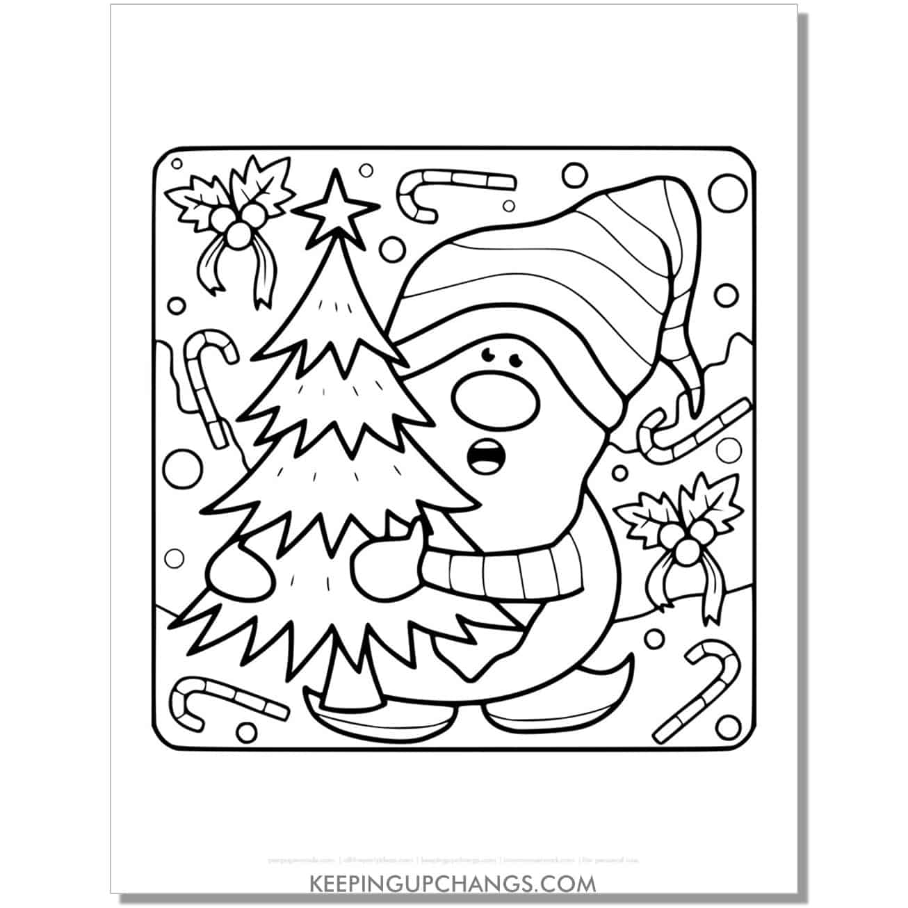 free christmas gnome with tree, mistletoe, candy cane coloring page.