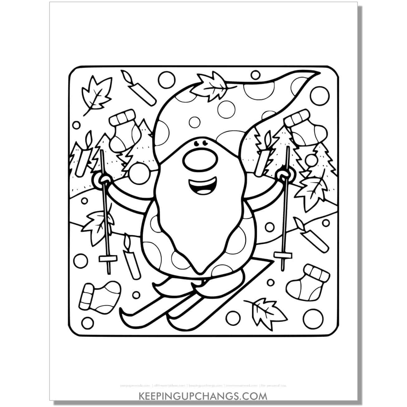 free christmas gnome skiing in winter coloring page.