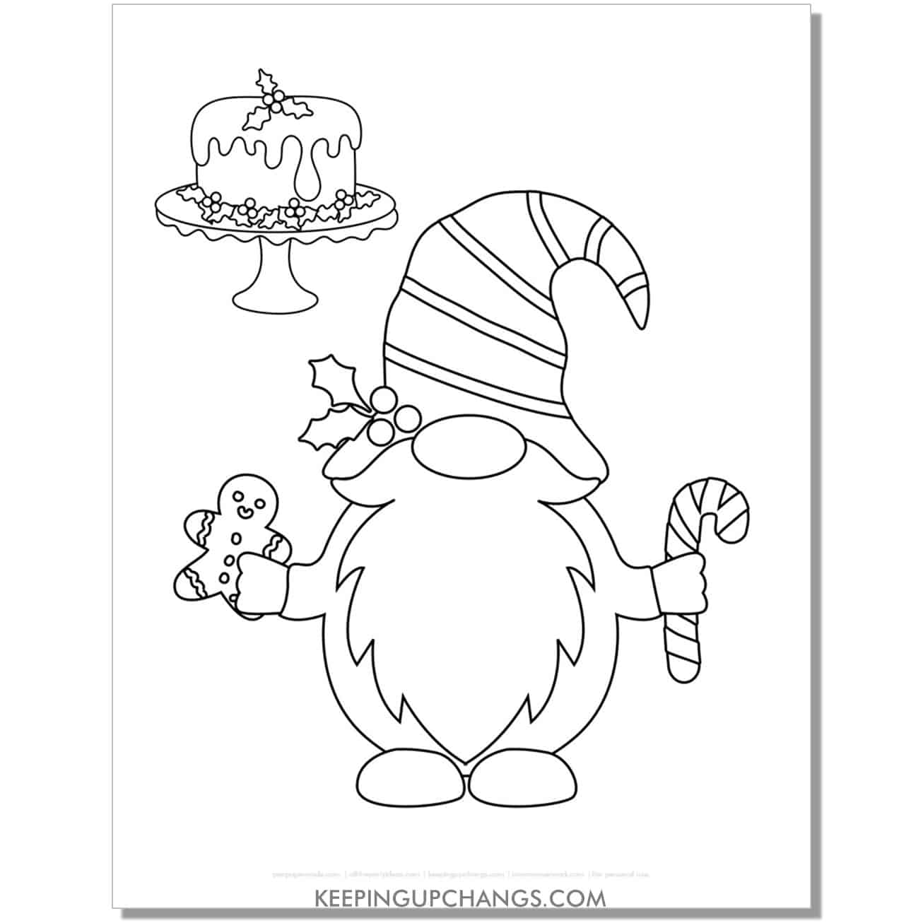 free christmas gnome with gingerbread man, candy cane, christmas cake coloring page.