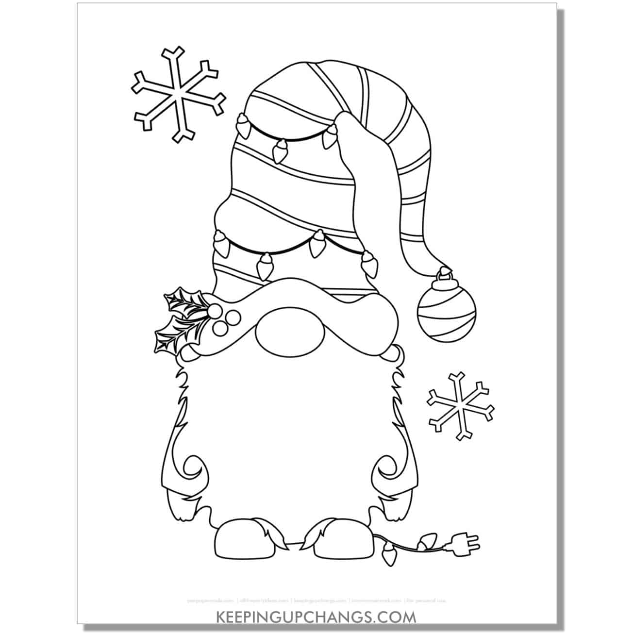 free christmas gnome in christmas lights and snowflakes coloring page.