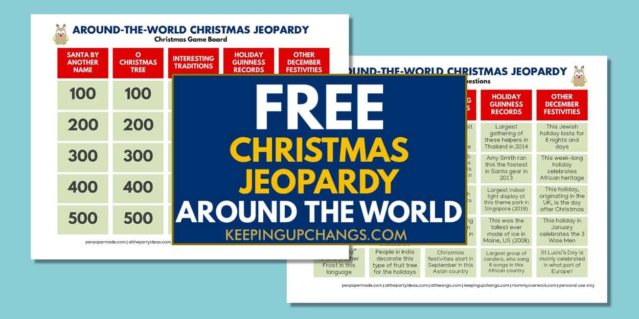 spread of free around the world christmas jeopardy game board with trivia questions and answers.