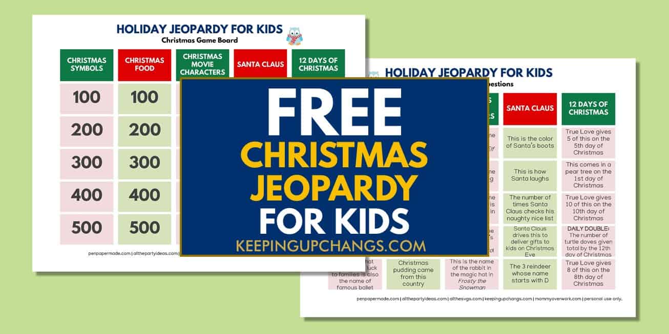 spread of free easy kids christmas jeopardy game board with trivia questions and answers.