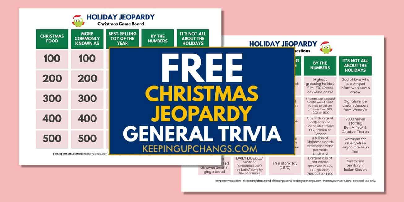 spread of free general christmas jeopardy game board with trivia questions and answers.