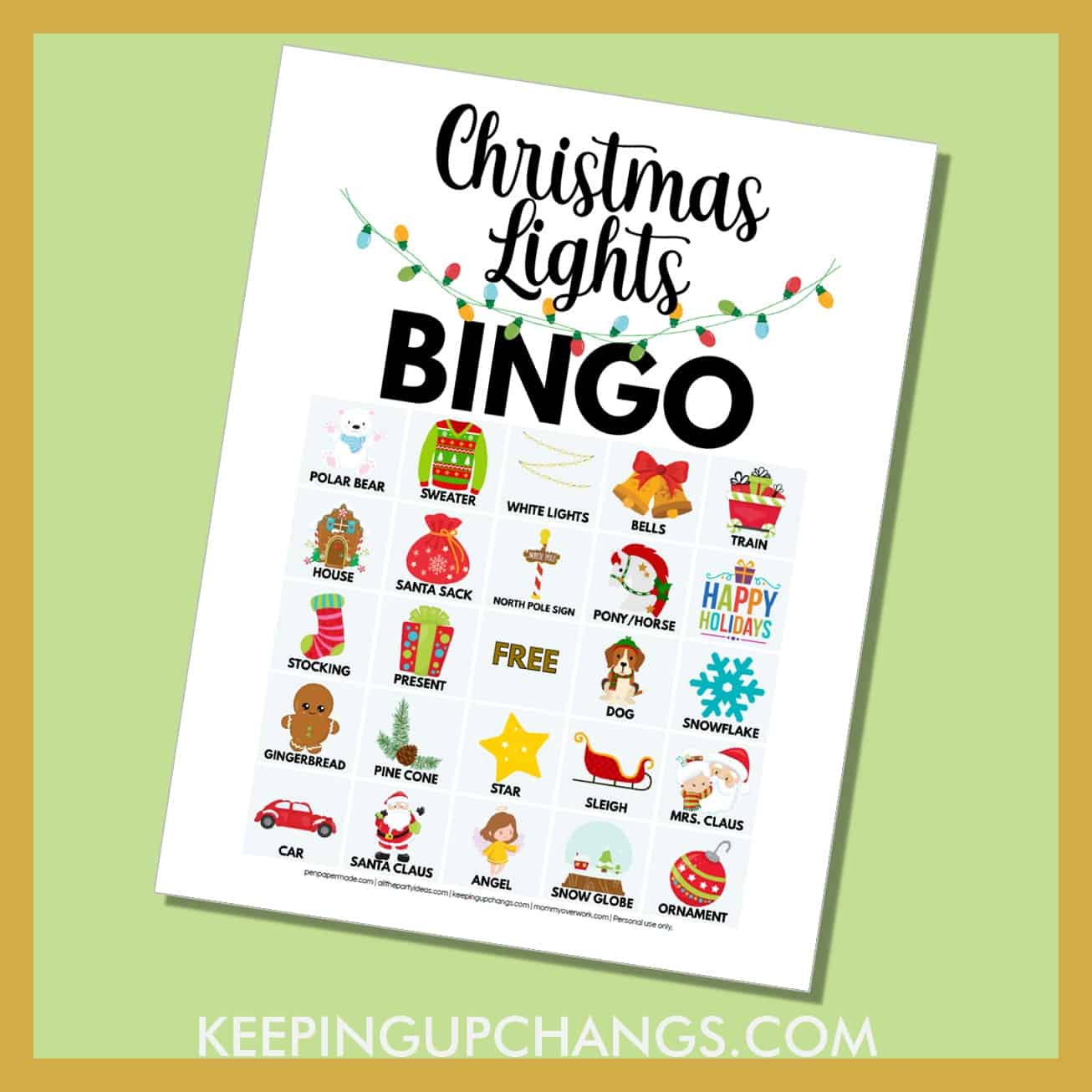 free christmas lights scavenger hunt bingo printable with word text and picture images for toddlers, kindergarten, first grade.
