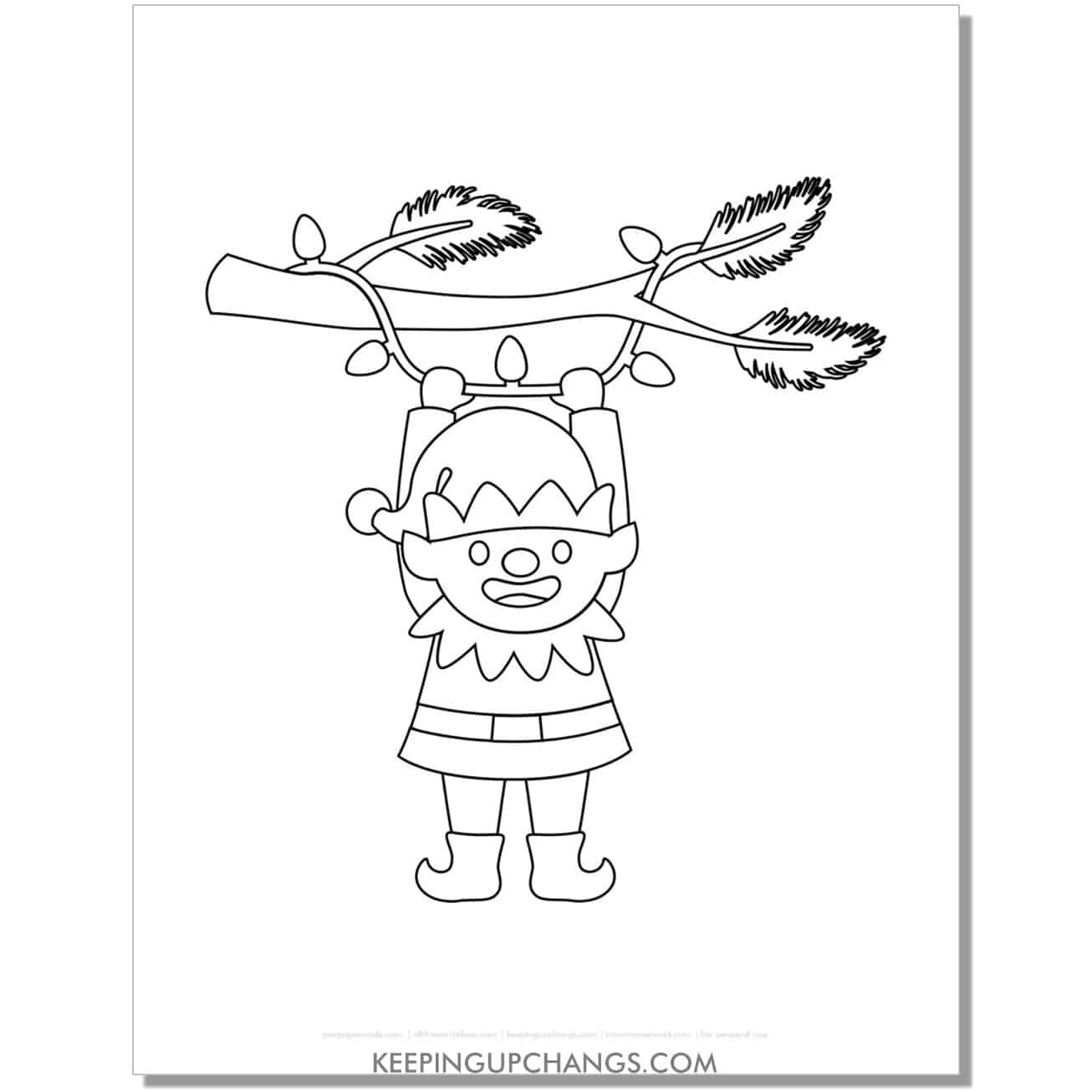 free elf hanging from christmas lights coloring page for toddlers.