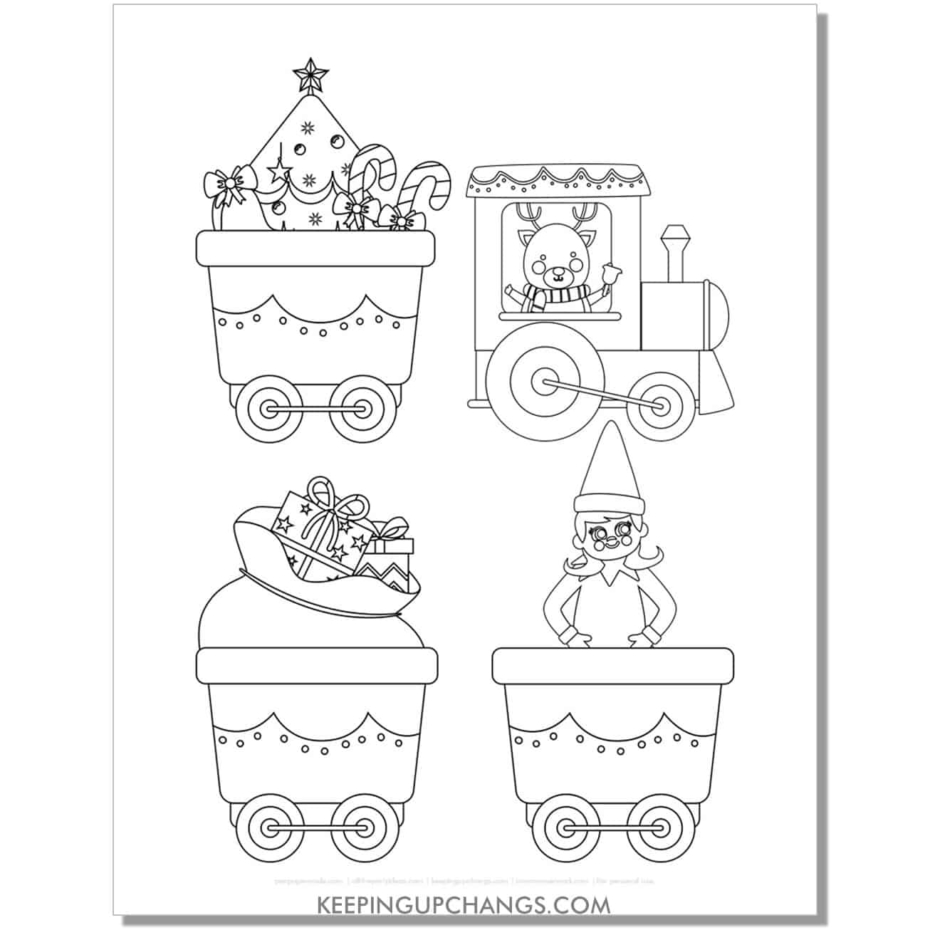 free elf on the shelf female girl train with tree, reindeer, santa sack coloring page.
