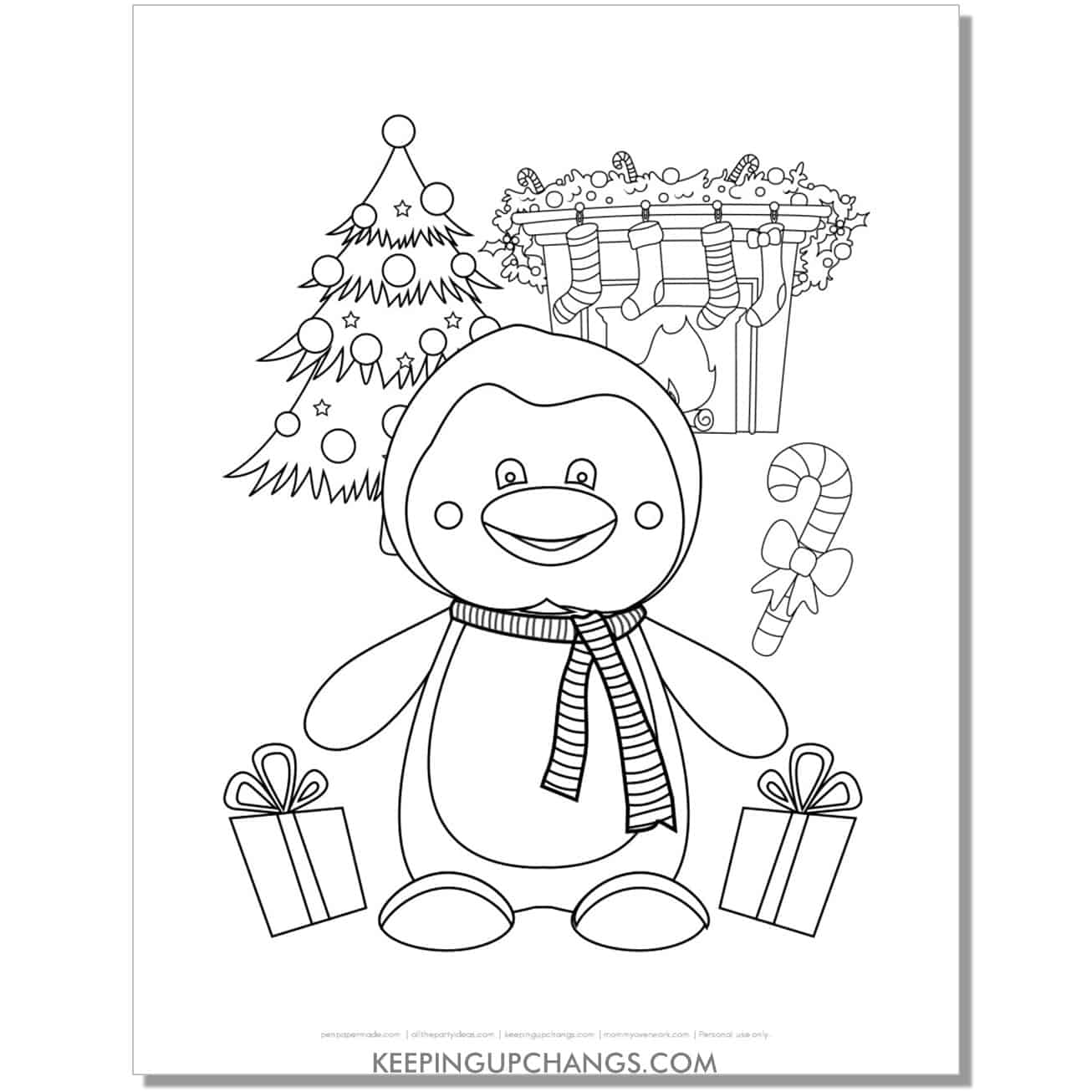 free christmas penguin with tree, stockings, presents, candy cane coloring page.