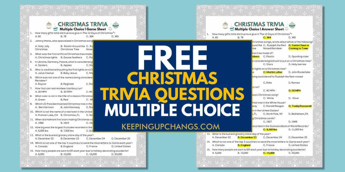 spread of free christmas multiple choice trivia game printable and answer sheet.
