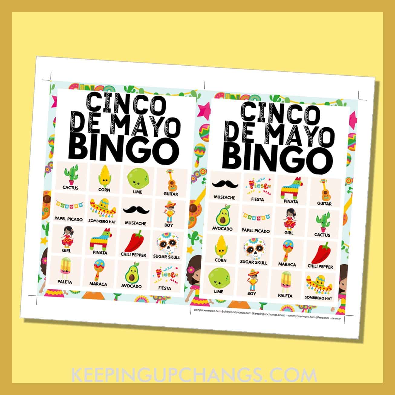 free cinco de mayo bingo card 4x4 5x7 game boards with images and text words.