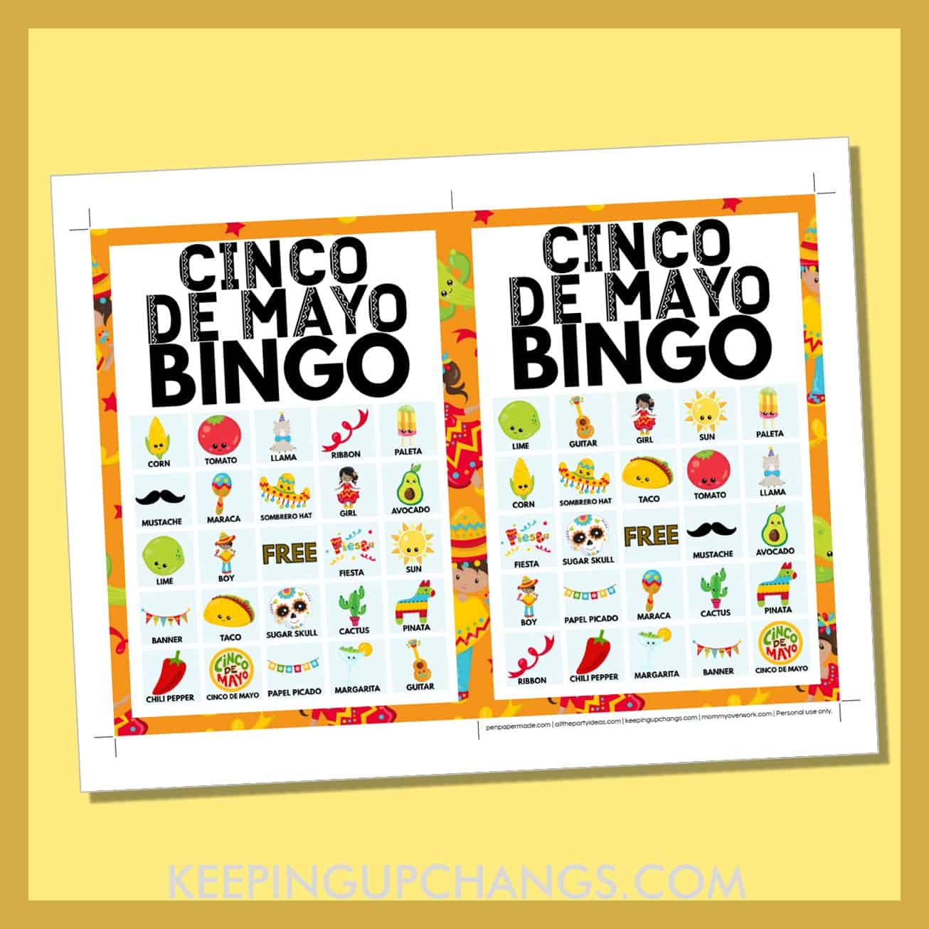 free cinco de mayo bingo card 5x5 5x7 game boards with images and text words.
