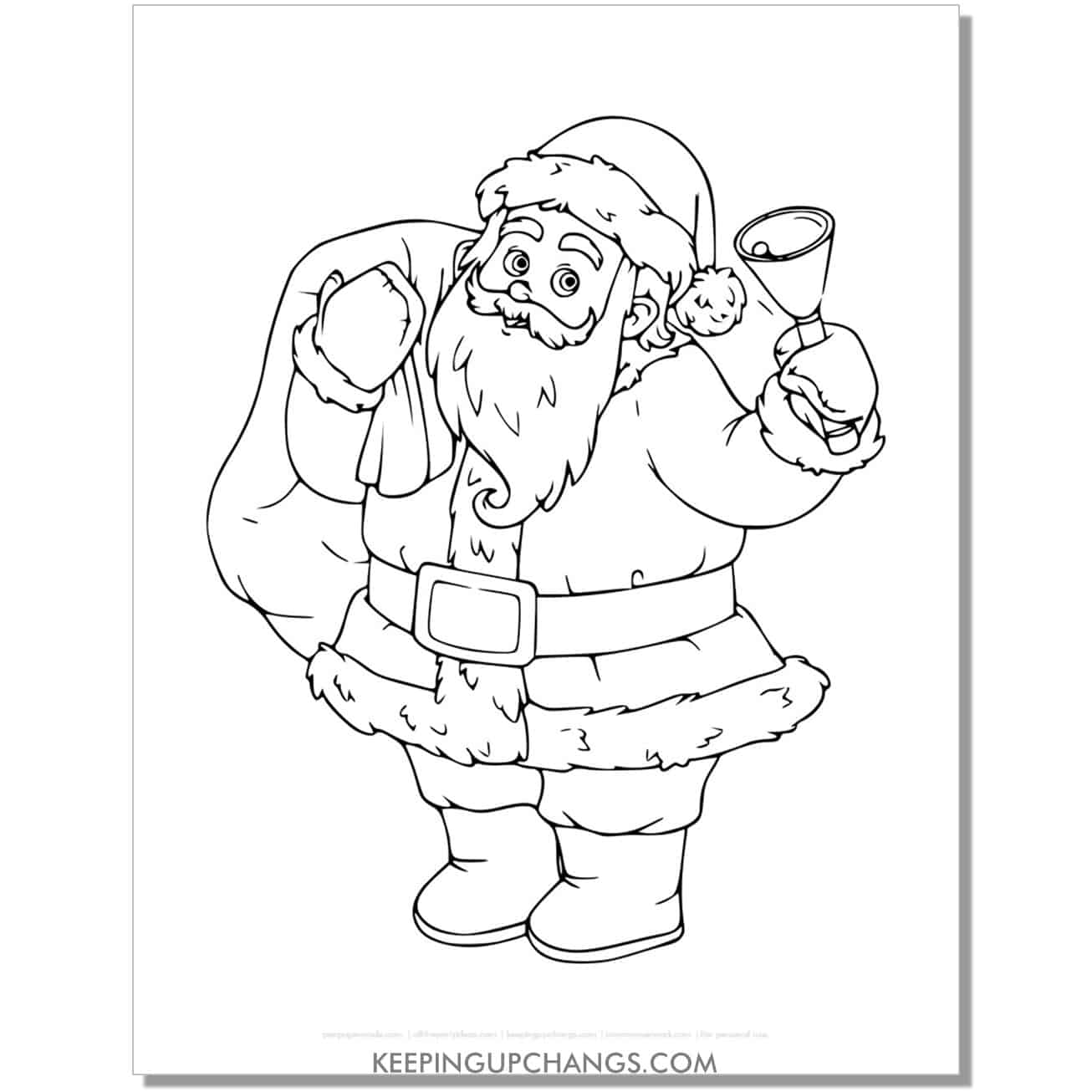 free classic, vintage santa with sack of toys and bell coloring page.