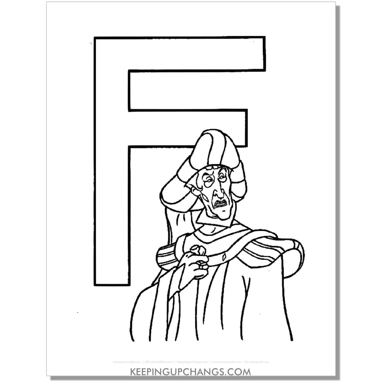 free claude frollo alphabet f hunchback notre dame coloring page, sheet.