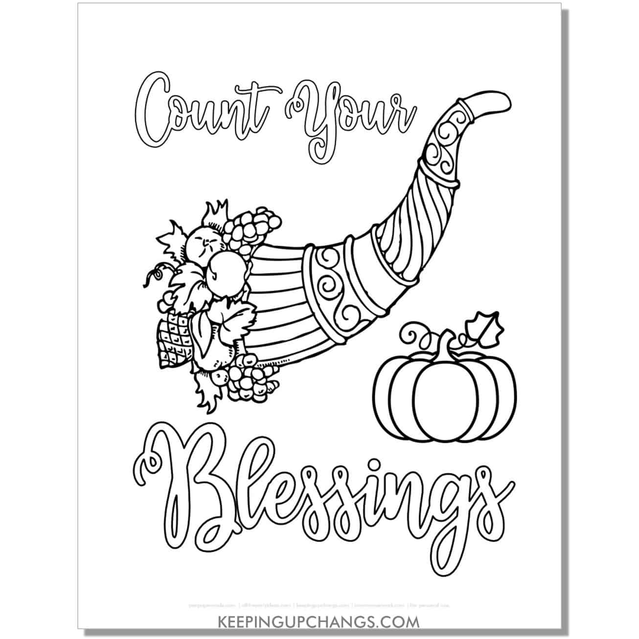 free count your blessings vintage cornucopia coloring page for fall, thanksgiving.