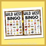 free wild west bingo card 5x5 5x7 game boards with images and text words.