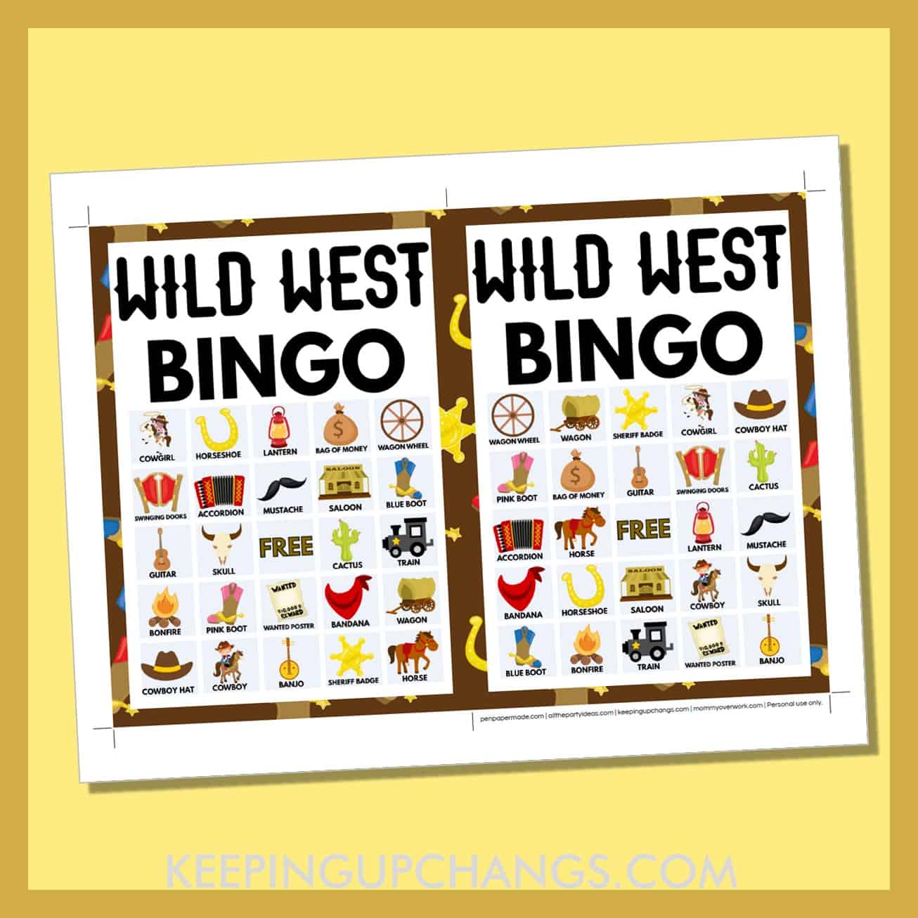 free wild west bingo card 5x5 5x7 game boards with images and text words.