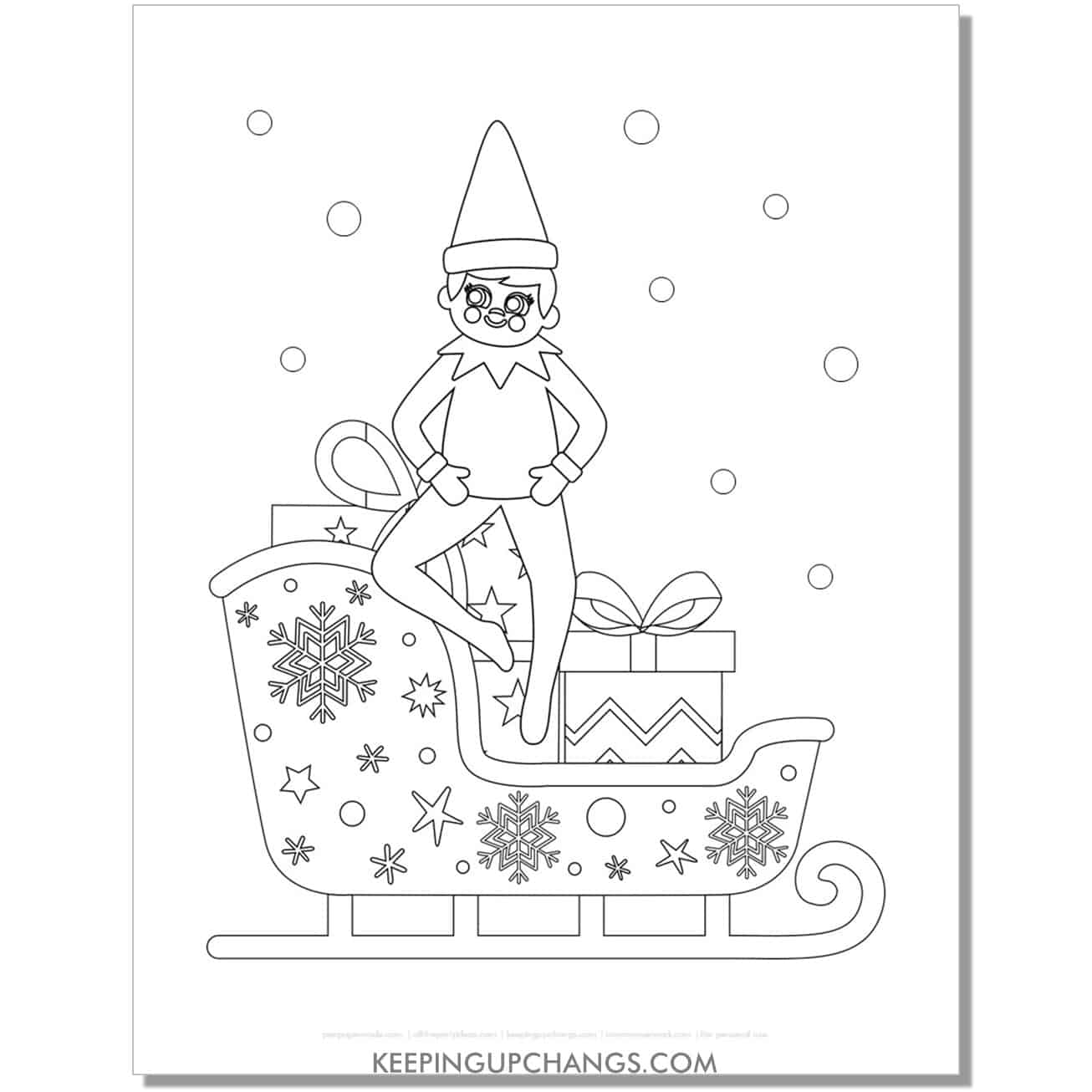 free elf on the shelf male boy santa sleigh with snowflakes coloring page.