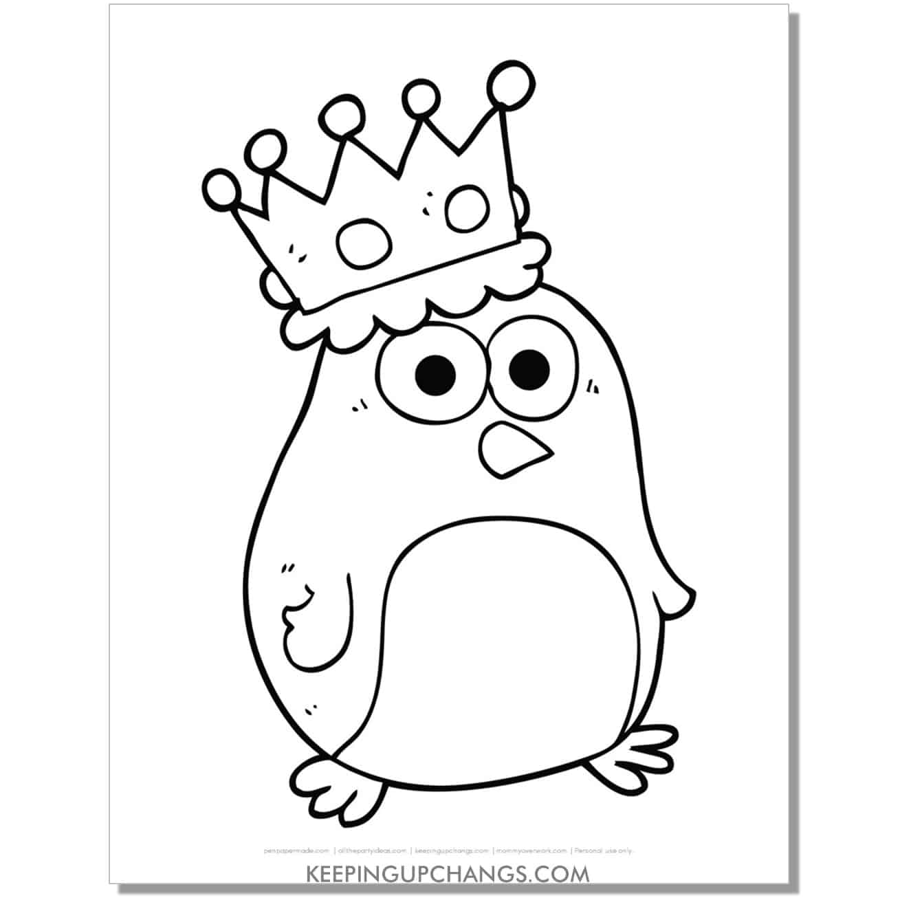 free funny penguin with crown coloring page.