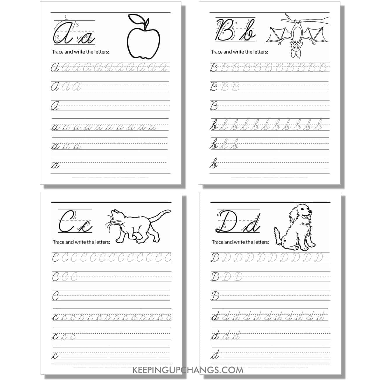 cursive worksheet with uppercase, lowercase letters for a, b, c, d.