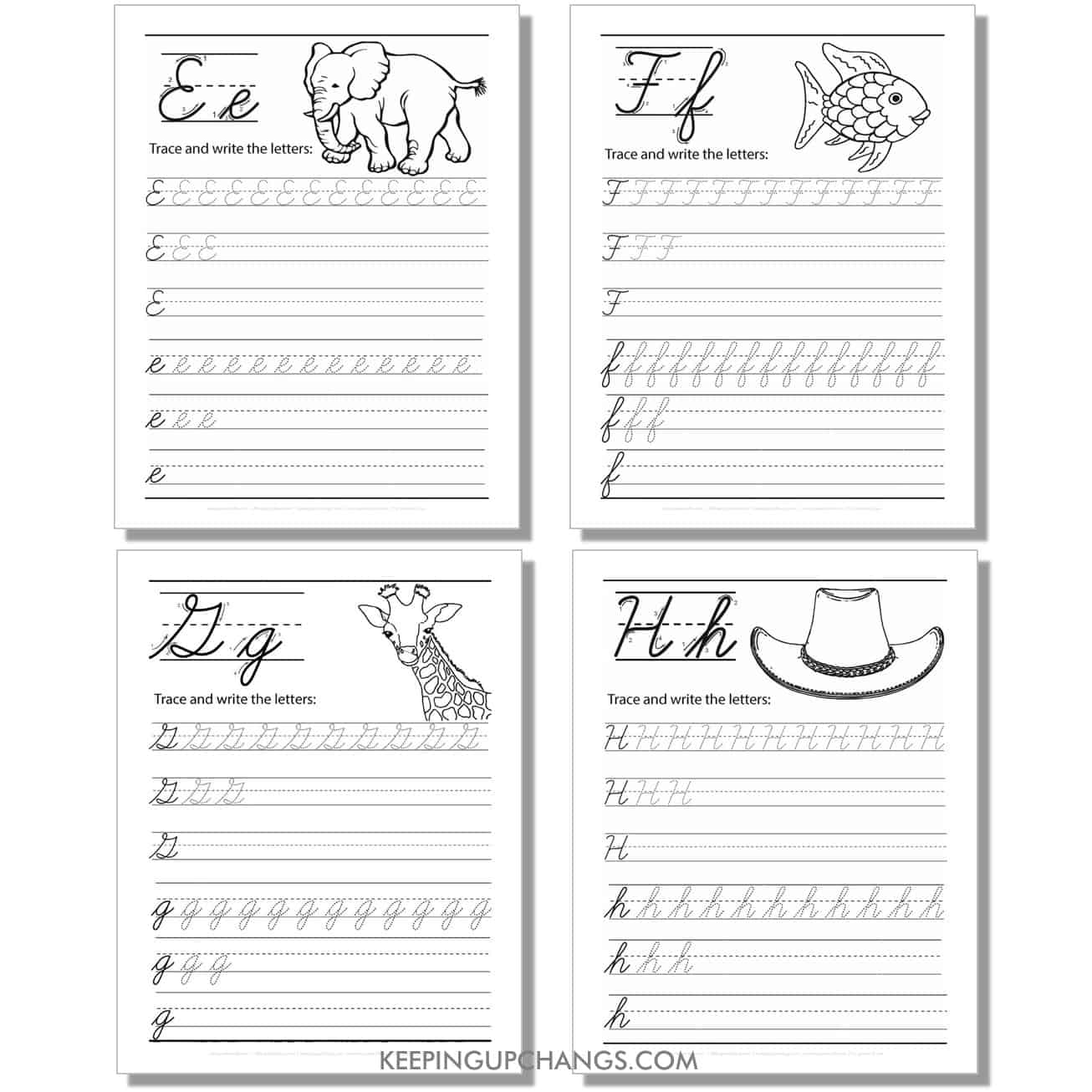 cursive worksheet with uppercase, lowercase letters for e, f, g, h.