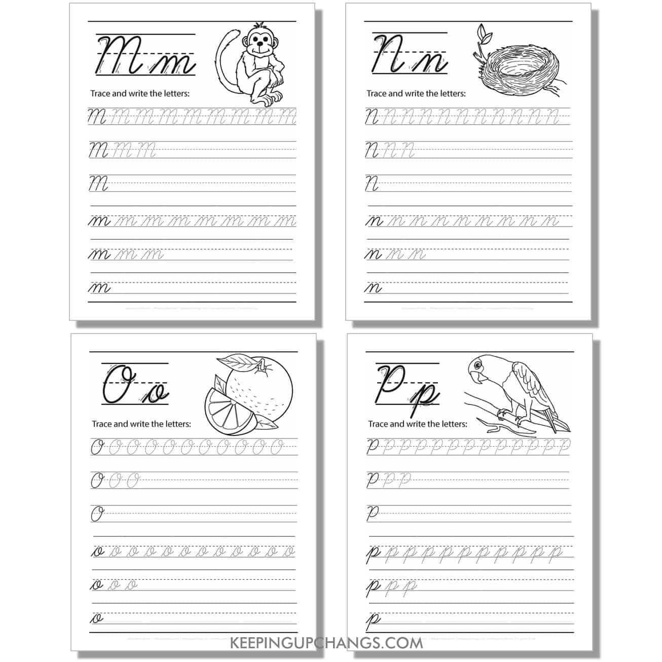 cursive worksheet with uppercase, lowercase letters for m, n, o, p.