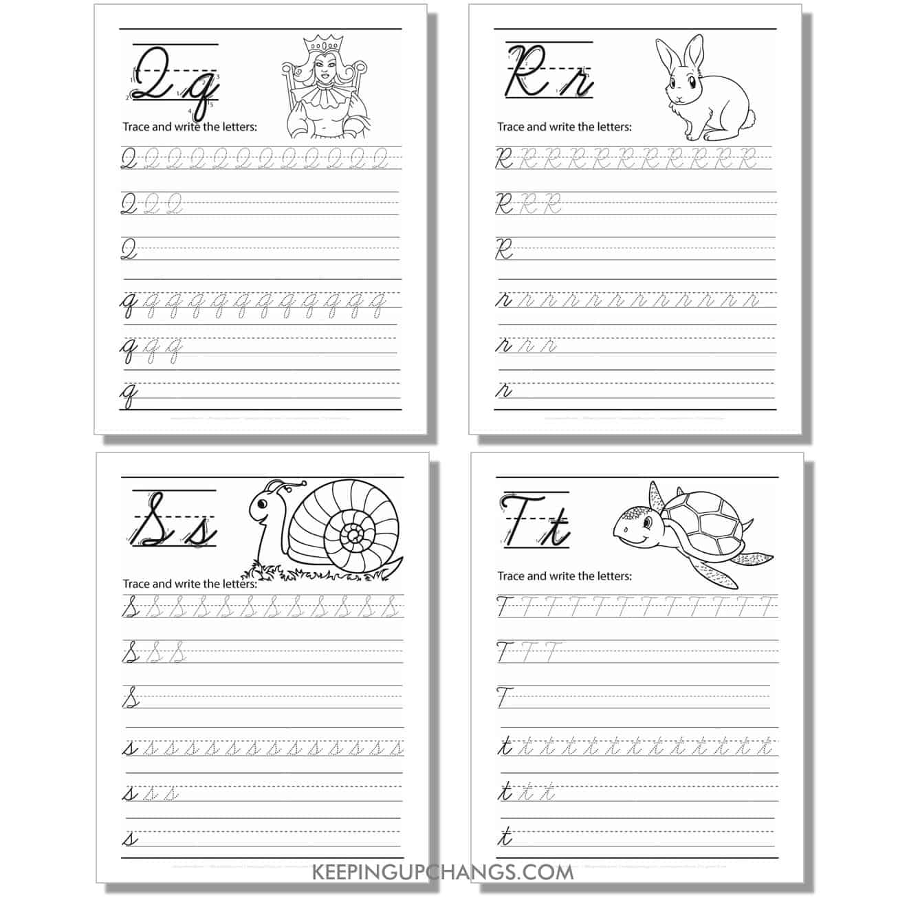 cursive worksheet with uppercase, lowercase letters for q, r, s, t.
