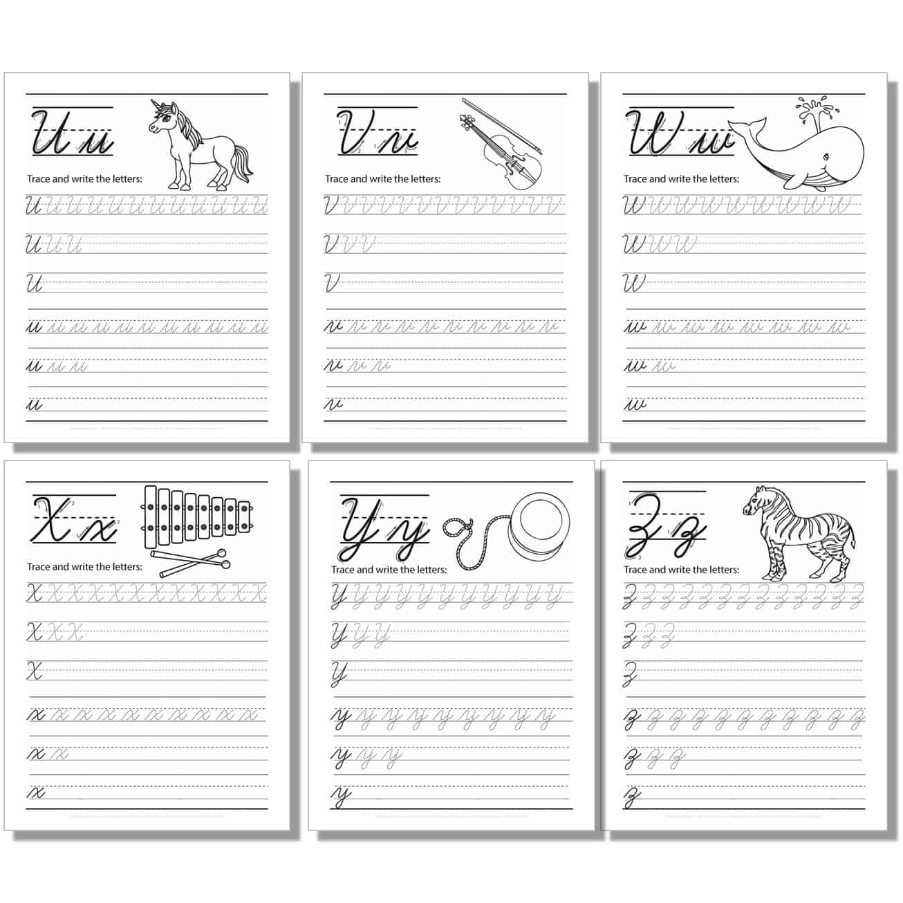 cursive worksheet with uppercase, lowercase letters for u, v, w, x, y, z.