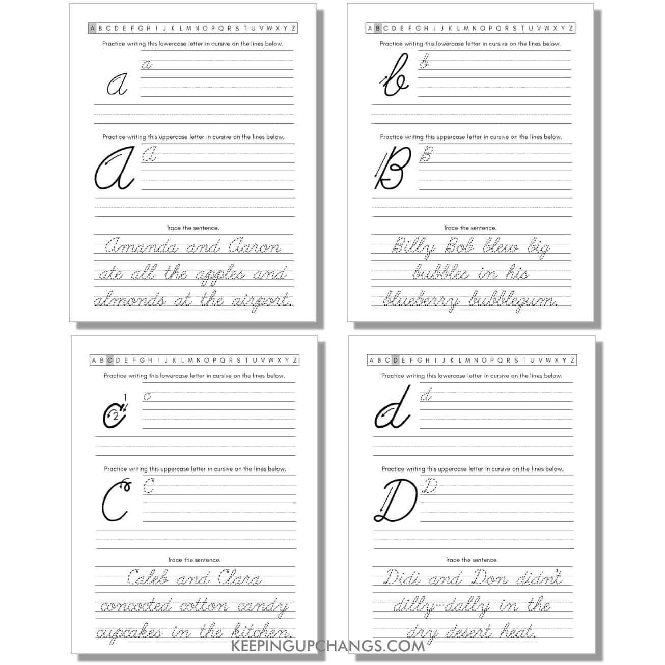 cursive worksheet with uppercase, lowercase letters and sentences for a, b, c, d.