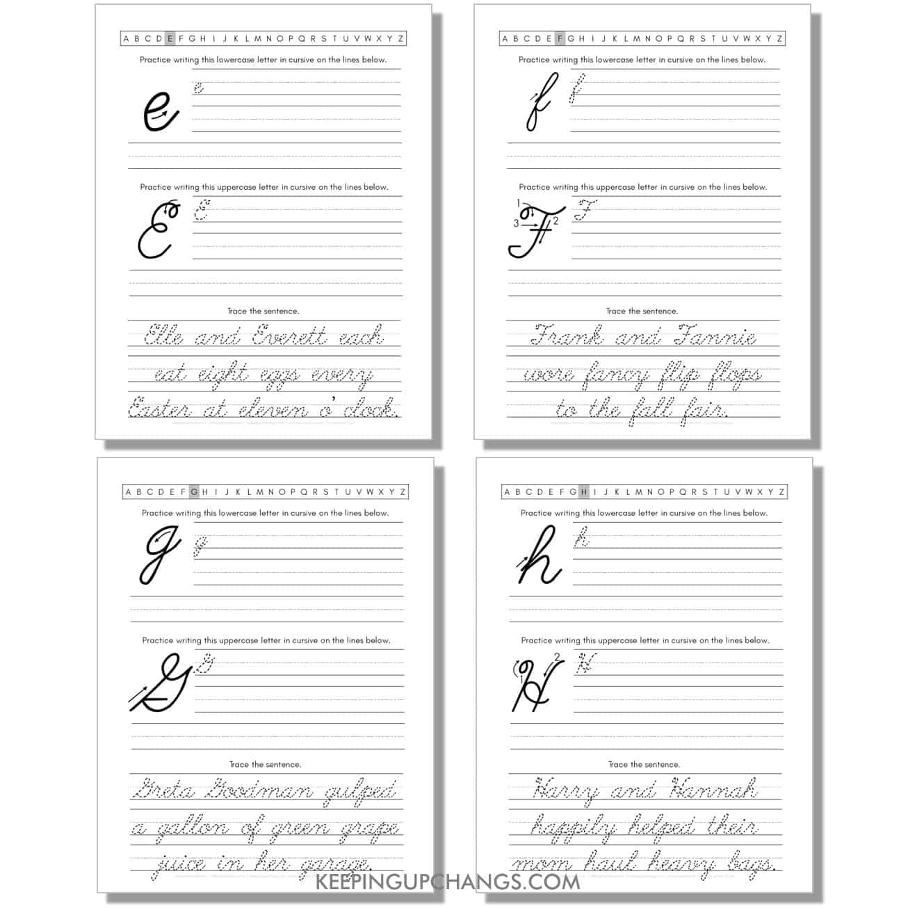 cursive worksheet with uppercase, lowercase letters and sentences for e, f, g, h.