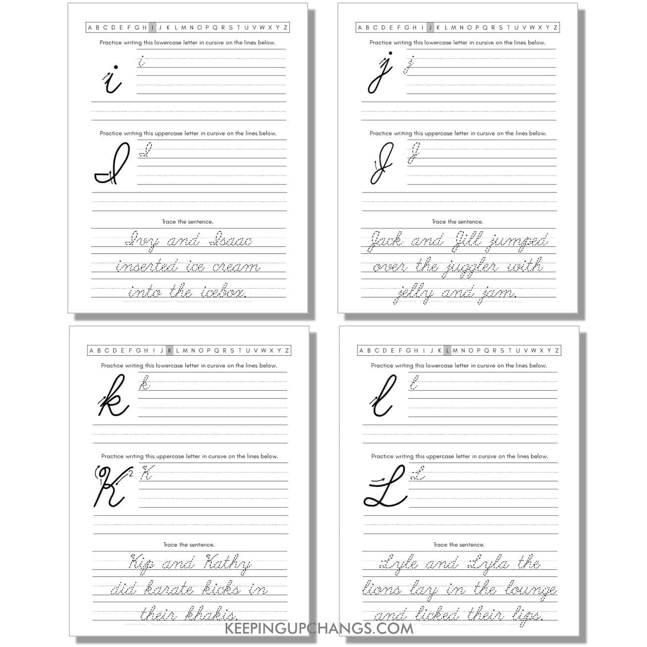 cursive worksheet with uppercase, lowercase letters and sentences for i, j, k, l.
