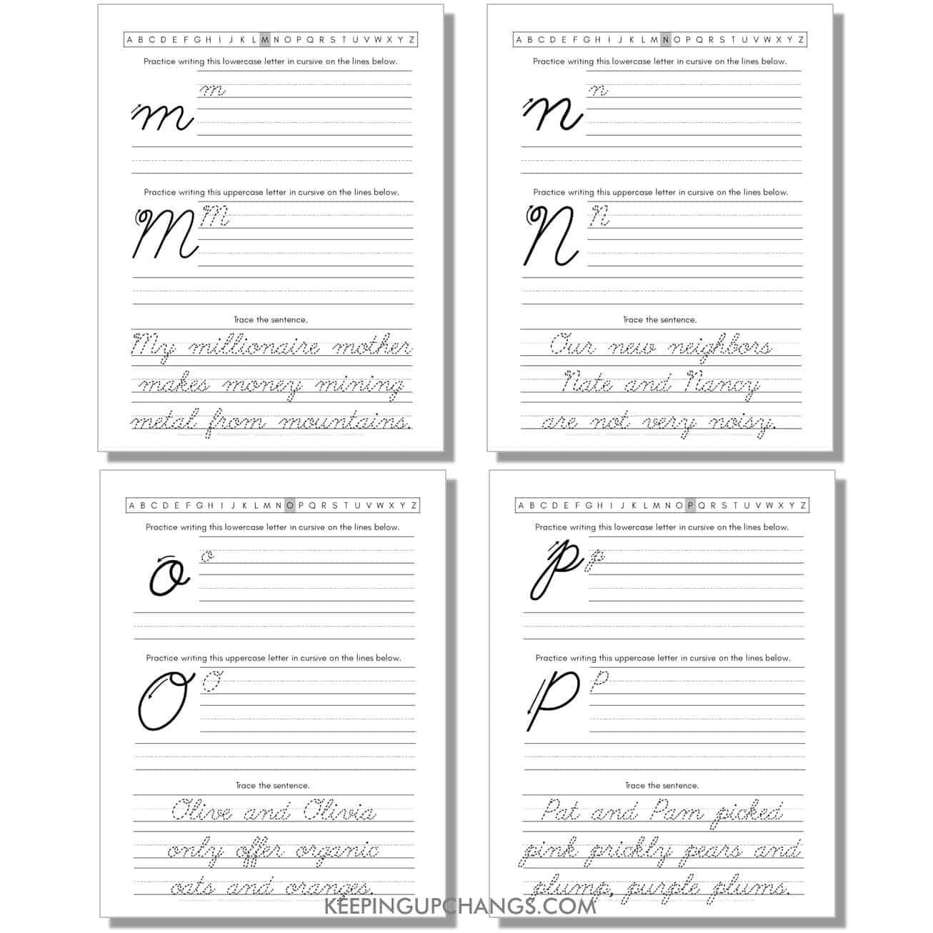 cursive worksheet with uppercase, lowercase letters and sentences for m, n, o, p.