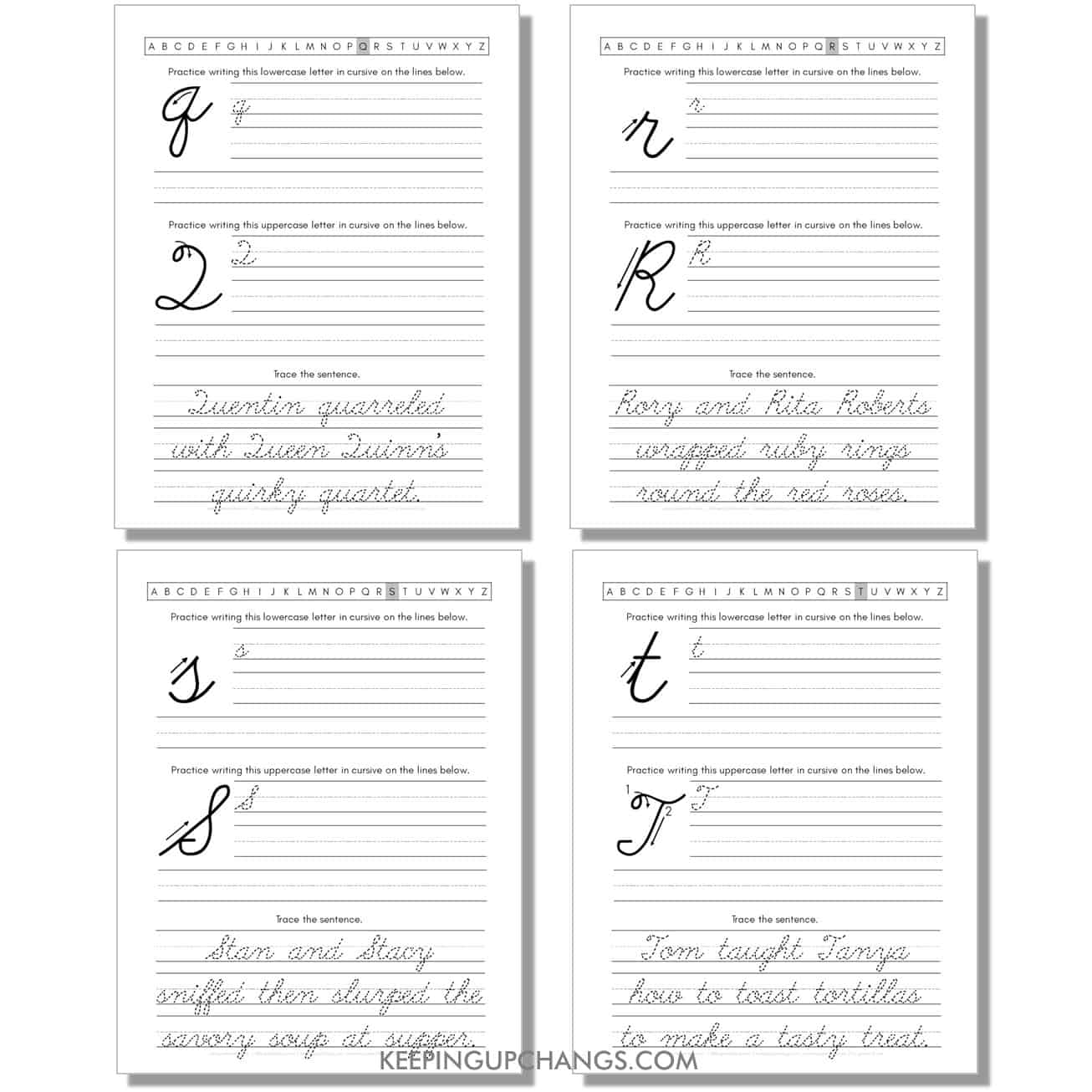 cursive worksheet with uppercase, lowercase letters and sentences for q, r, s, t.