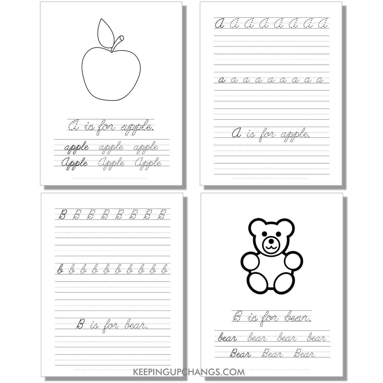 cursive worksheet with uppercase, lowercase letters, sentence for a, b.