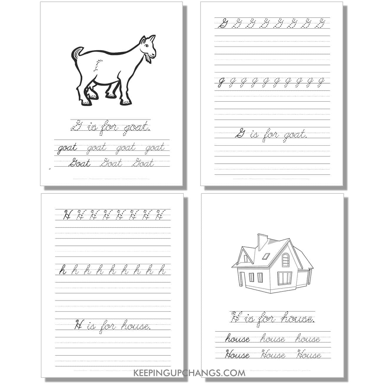 cursive worksheet with uppercase, lowercase letters, sentence for g, h.