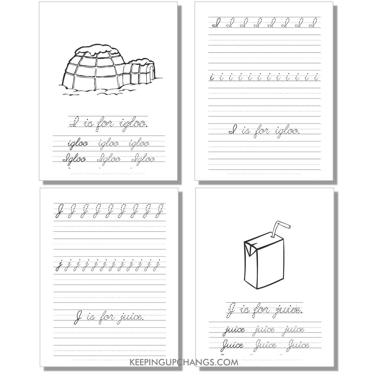 cursive worksheet with uppercase, lowercase letters, sentence for .i, j