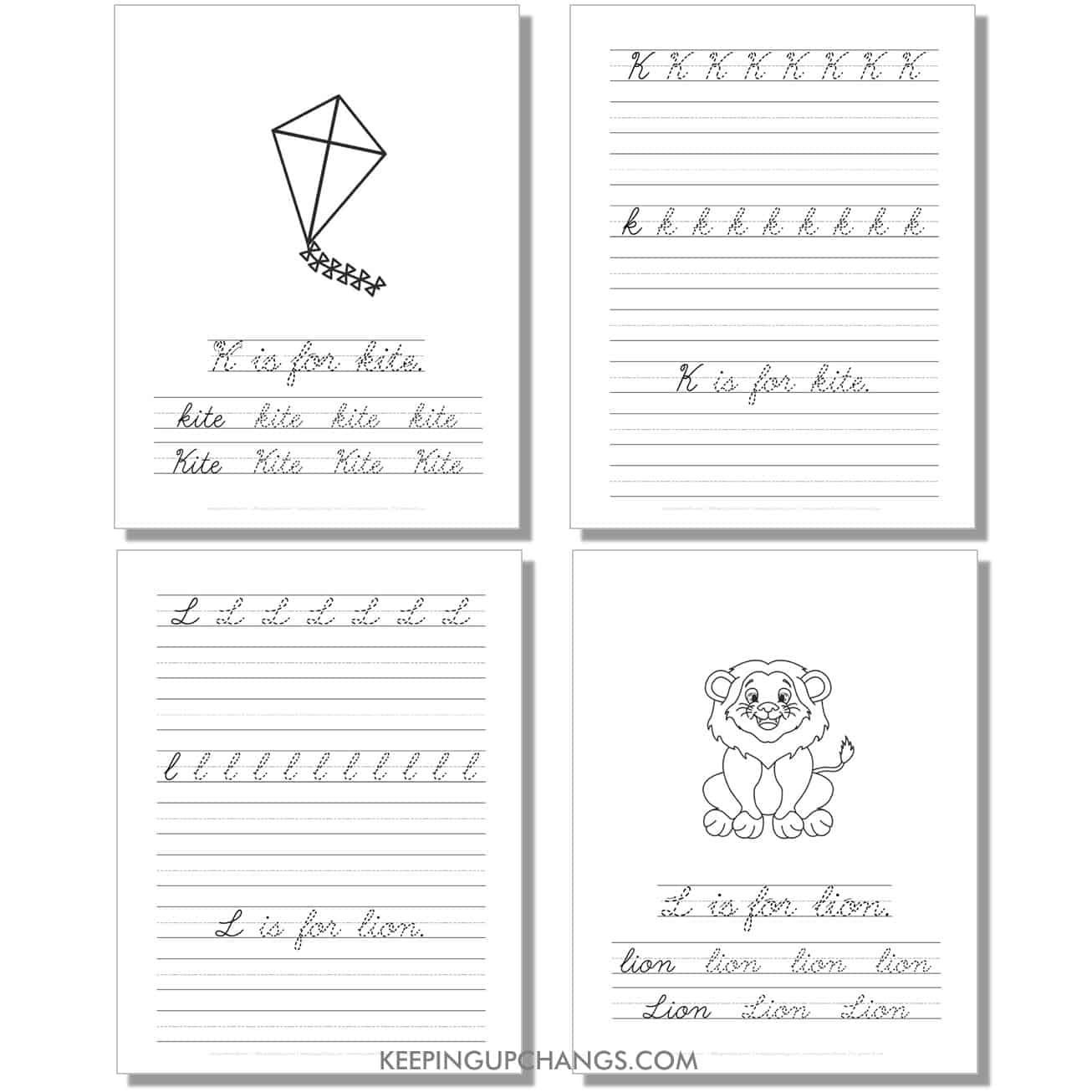 cursive worksheet with uppercase, lowercase letters, sentence for k, l.